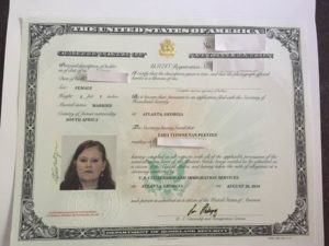 Lara's U.S. citizenship certificate. 