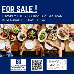 Restaurant brokerage flyer with dark navy blue background with a table full of food and beverage in Roswell Ga sold by Jimmy Carey Commercial Real Estate Team