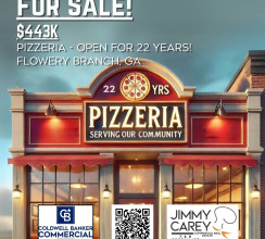 Facade of building with Pizzeria sign for sale by the Jimmy Carey Commercial Real Estate Team