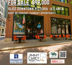 Exterior view of SLICE Downtown Pizzeria for sale in Atlanta, Georgia — turnkey restaurant opportunity listed at $99,000. Featuring outdoor seating, brick façade, and street-level visibility. Listed by Jimmy Carey Commercial Real Estate, Atlanta Restaurant Business Broker.