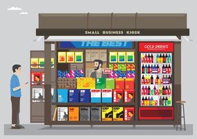 an-illustration-of-an-open-small-box-kiosk-shop-with-magazines-drinks-candies-and-items-selling-on-the-street-vector